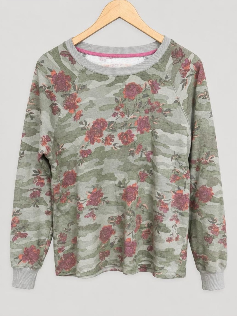 Maurices Olive Camo Floral Crewneck Sweater with Pink Roses - L